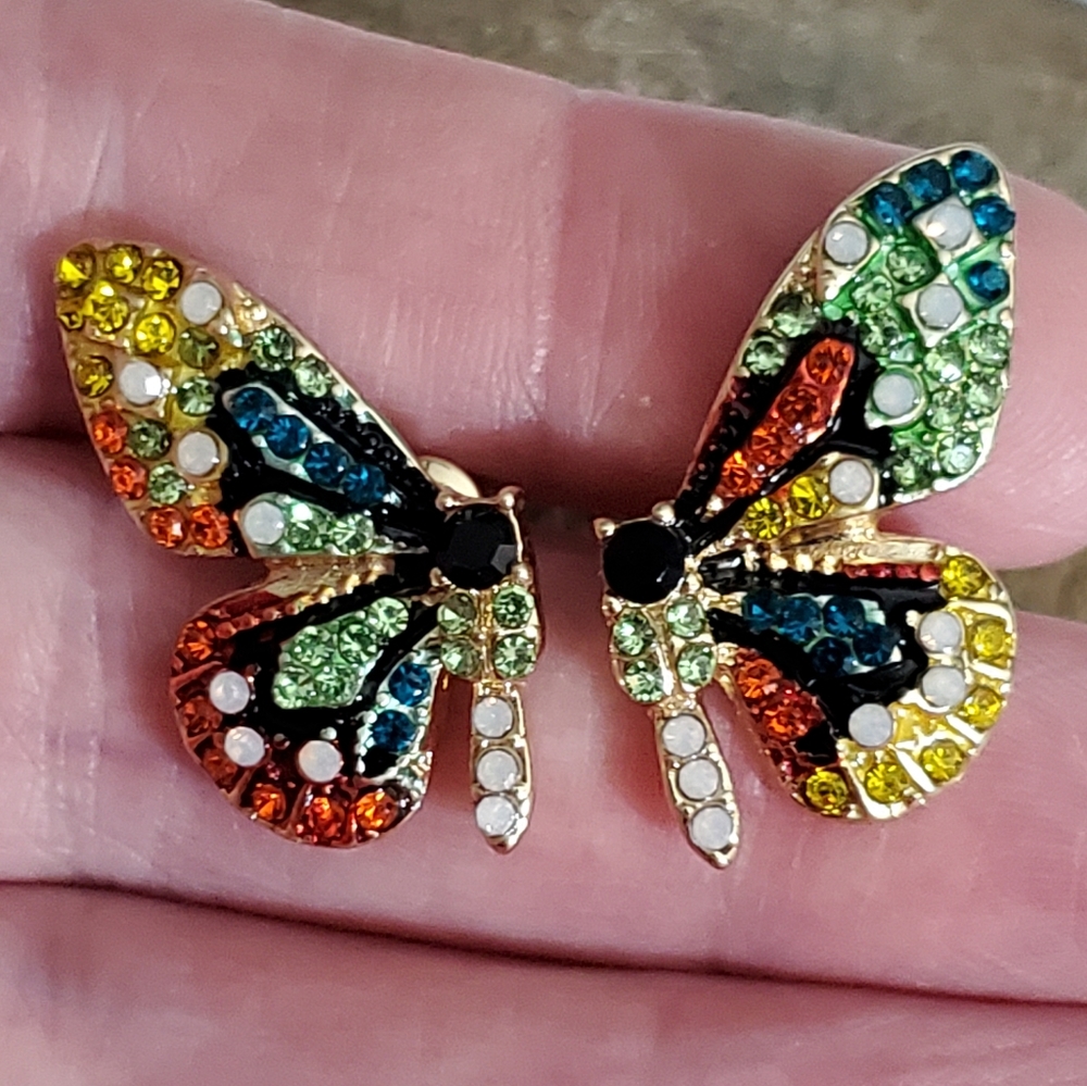 Butterfly earrings crystals asymmetrical New gold studs Pierced Colorful Realist